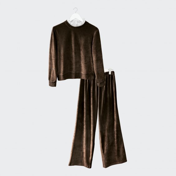 velour set brown blouse with lace and trousers