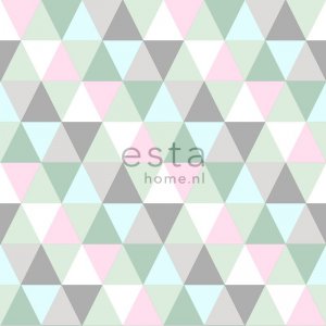 Wallpaper with grey, pink and mint triangles
