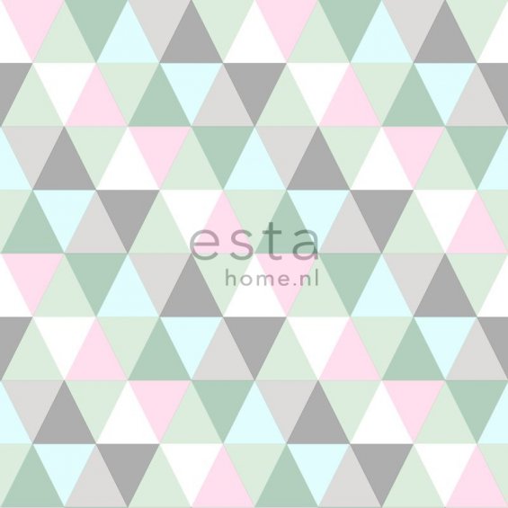 Wallpaper with grey, baby pink, white and mint triangles