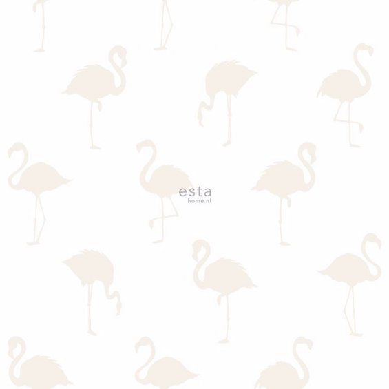 White wallpaper with beige flamingos