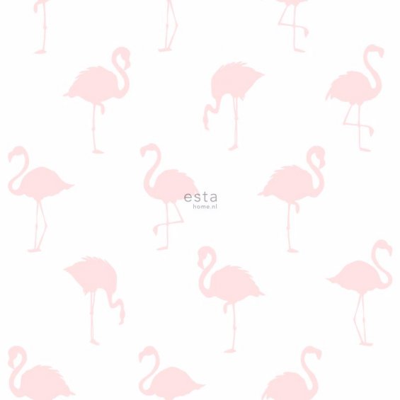 White wallpaper with pink flamingos
