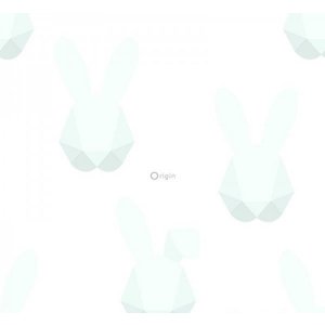 White wallpaper with mint bunnies
