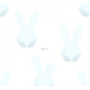 White wallpaper with azure bunnies