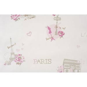 Wallpaper with beige and pink Paris pattern