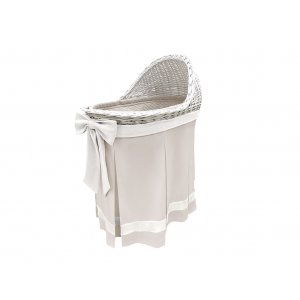 Mobile wicker bassinet with beige skirt and ecru bow