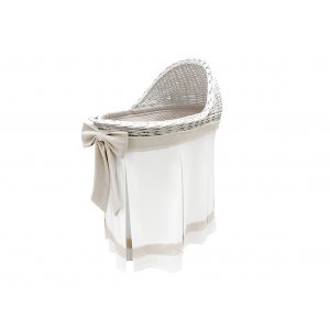 Mobile wicker bassinet with ecru skirt and beige bow