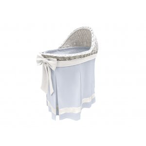 Mobile wicker bassinet with blue skirt and ecru bow