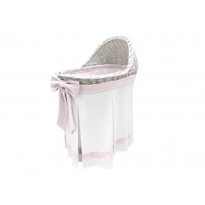 Mobile wicker bassinet with ecru skirt and pink bow