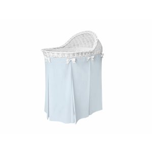 Mobile wicker bassinet with light blue velvet skirt
