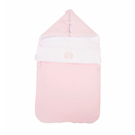 Pink baby sleeping bag with gold emblem