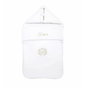 Customized white sleeping bag with emblem