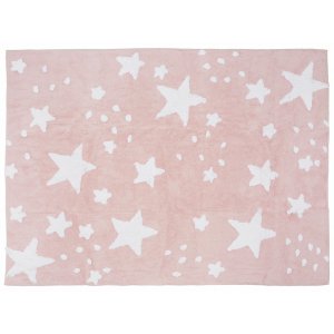 Pink rug with white stars and dots