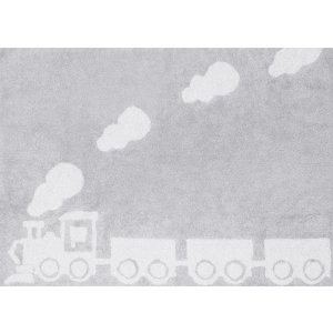Light grey rug with white choo-choo train