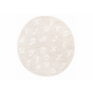 Round beige rug with letters