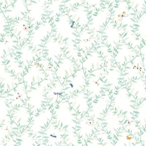 Wallpaper with butterflies and green leaves