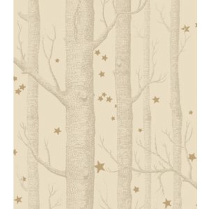 Wallpaper with golden trees and stars on a beige background