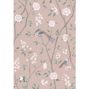 Pink wallpaper with flowers and birds