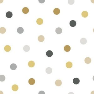 Wallpaper in gold, gray and black polka dots