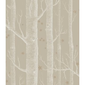Wallpaper with golden trees and stars on a beige background