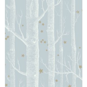 Wallpaper with golden trees and stars on a blue background