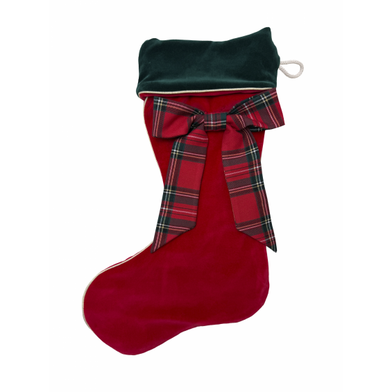Red Christmas stocking with a plaid bow