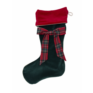 Green Christmas stocking with a plaid bow
