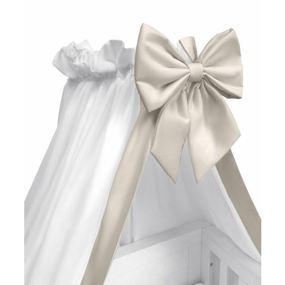 White standing canopy with a beige bow and stripe