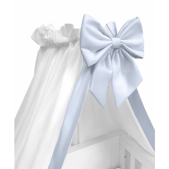 White standing canopy with a blue bow and stripe