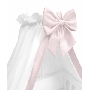 White standing canopy with a baby pink bow and stripe