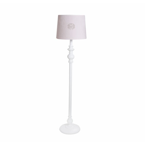 Baby pink floor lamp with gold emblem with decorative leg