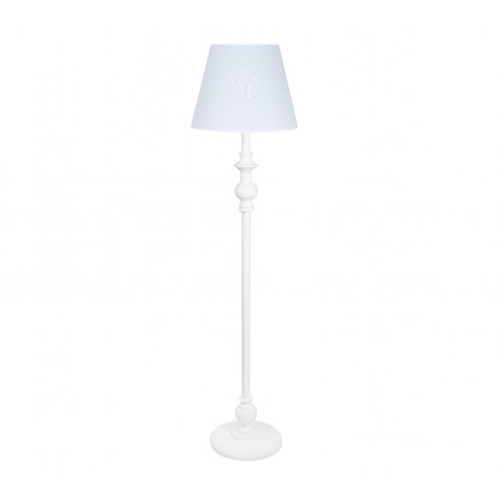 Baby blue floor lamp with emblem and decorative leg