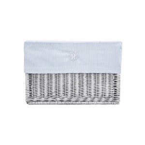 White wicker box with blue striped liner big
